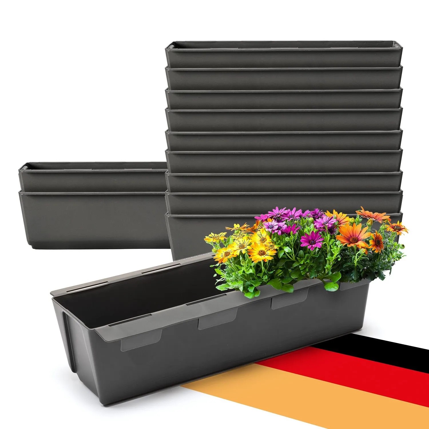 12er Set anthrazitfarbene Paletten Blumenkästen mit Hängesystem, einer bepflanzt mit bunten Blumen. Ideal für Balkon & Garten.