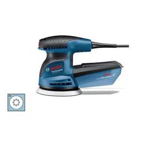 Bosch Professional GEX 125-1 AE Exzenterschleifer mit Staubbox und Schleifblatt.