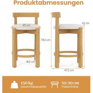 Costway 2er Set Barhocker mit Rückenlehnen & Fußstützen Sitzhöhe 62 cm