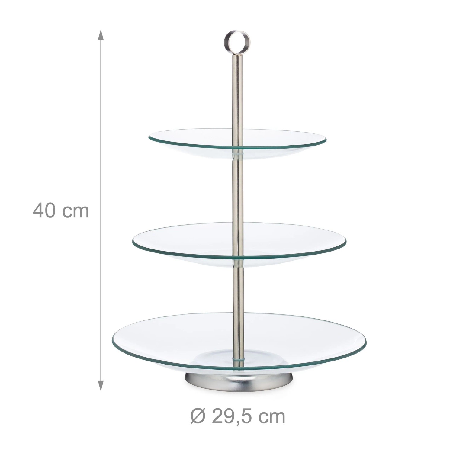 Relaxdays Etagere aus Glas und Edelstahl, 3-stufig, transparent/silber, mit Griff, 40x29,5 cm.