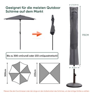 Sekey Schutzhülle für 300 cm Sonnenschirm, wasserabweisend, mit Reißverschluss und Stab.