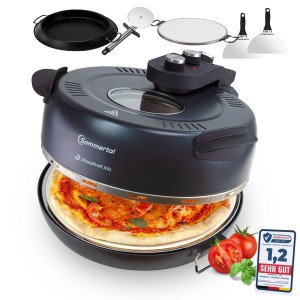 Sommertal Pizzaofen PizzaProfi XXL 39cm mit Zubehör und Pizza im Ofen.