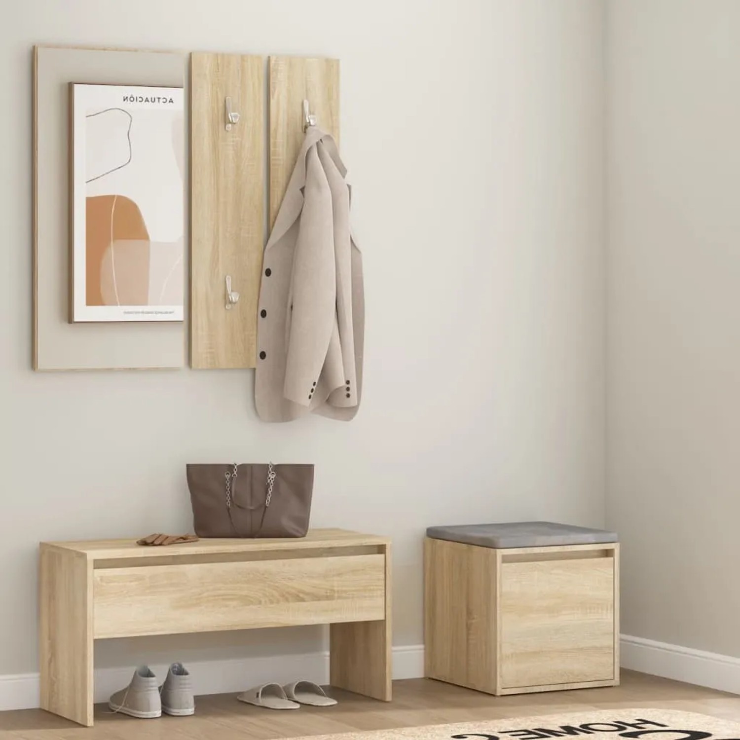 vidaXL Flurmöbel-Set Sonoma-Eiche: Bank, Spiegel, Garderobe, Hocker mit Schublade.