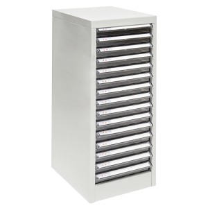 PROREGAL Schubladencontainer Kobra, Lichtgrau, mit 15 transparenten Schubladen für Büro und Werkstatt.