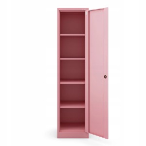 Jan Nowak Büro Aktenschrank ALEX, rosa, mit offener Tür und Regalböden.
