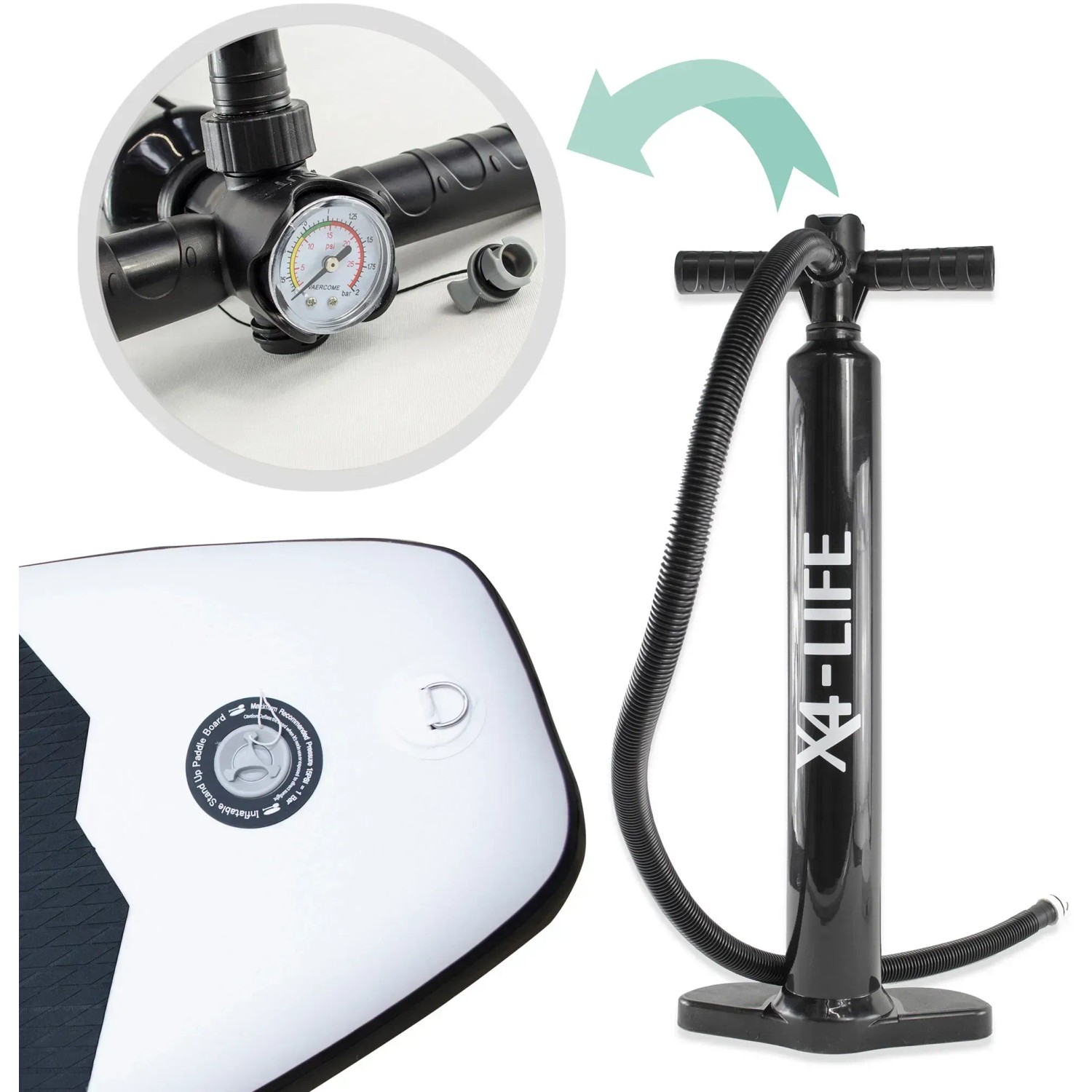 X4-Life SUP: Luftpumpe mit Manometer und Detail vom aufblasbaren Stand Up Paddle Board.