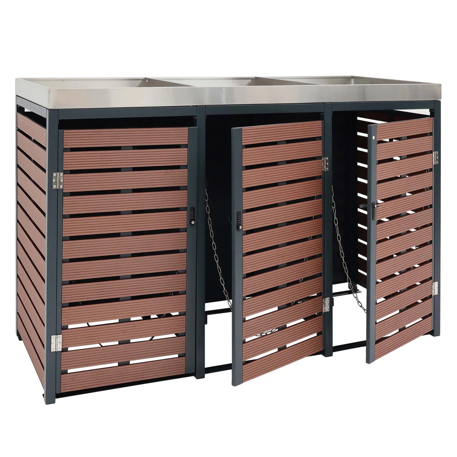 Proregal 3er Mülltonnenverkleidung Mit Pflanzkasten HxBxT 124x200x84 cm Walnuss-Holzoptik Mülltonne WPC Edelstahl 107kg