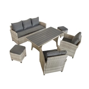 Graues Green Spirit Rattan Gartenlounge Set Alpina II mit Tisch, Sofa, Sesseln und Hockern.