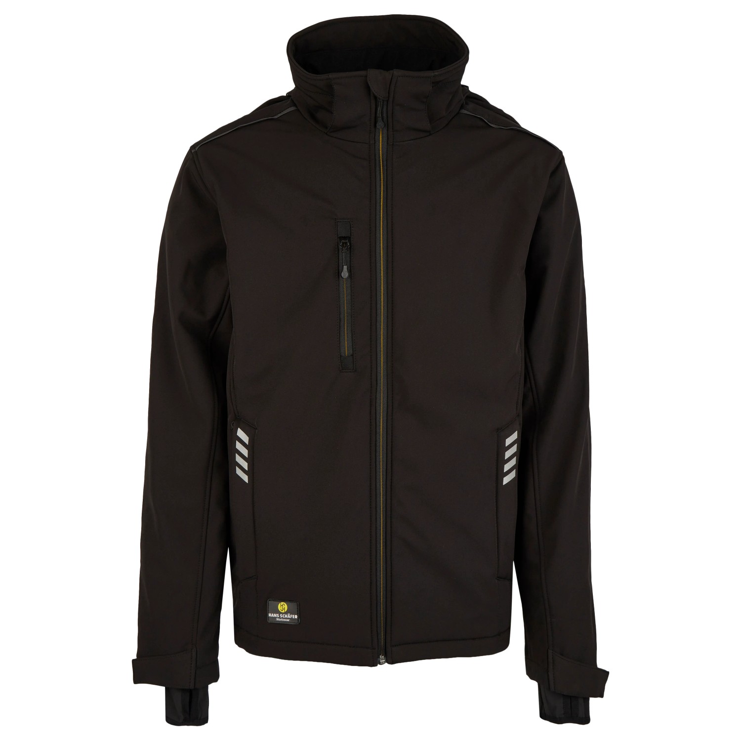 Schwarze Hans Schäfer Wintersoftshelljacke Gr. M für Arbeitskleidung mit Kapuze.