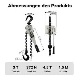 Wiltec Hebelzug 3t, 1,5m Kettenzug mit 360° Griff, Abmessungen dargestellt.