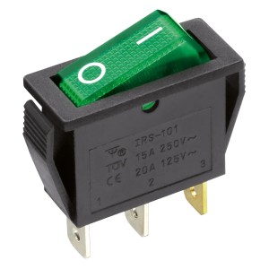 Schmaler, grüner Blanko Wippschalter, beleuchtet mit I-O Aufdruck für Schalterprogramme.