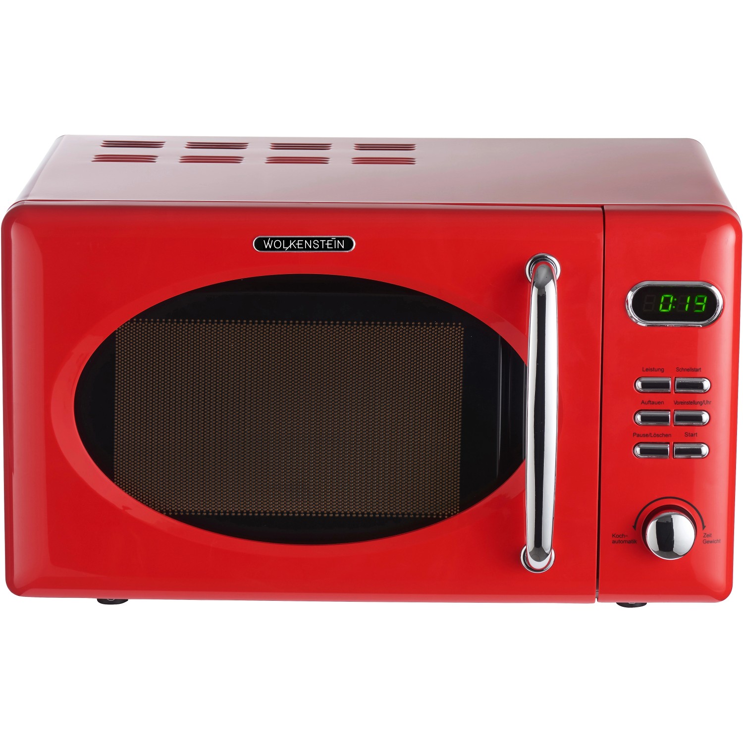 Rote Wolkenstein Mikrowelle WMW720 FR im Retro-Design mit digitalem Display und Drehteller.
