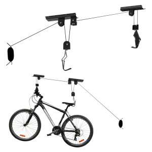 Wiltec Fahrradlift Deckenhalter mit Seilzugsystem, das ein Fahrrad sicher unter der Decke lagert. Platzsparende Fahrradgarage bis 20kg.