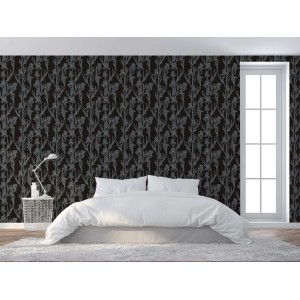 Tadessi Vliestapete Floral M1-No.1375 in Schwarz mit hellem Blumenmuster im Schlafzimmer. Dekorative Wandtapete.