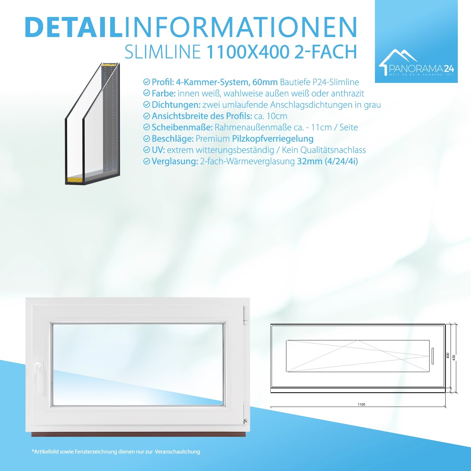 Weißes Framelux Kunststofffenster Slimline, 2-fach Verglasung, 1100x400 mm, Rechtsanschlag.