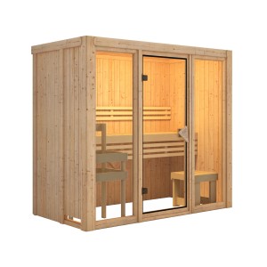 Karibu Sauna Sky 2, naturbelassene Massivholzsauna mit Glastür und Bänken.