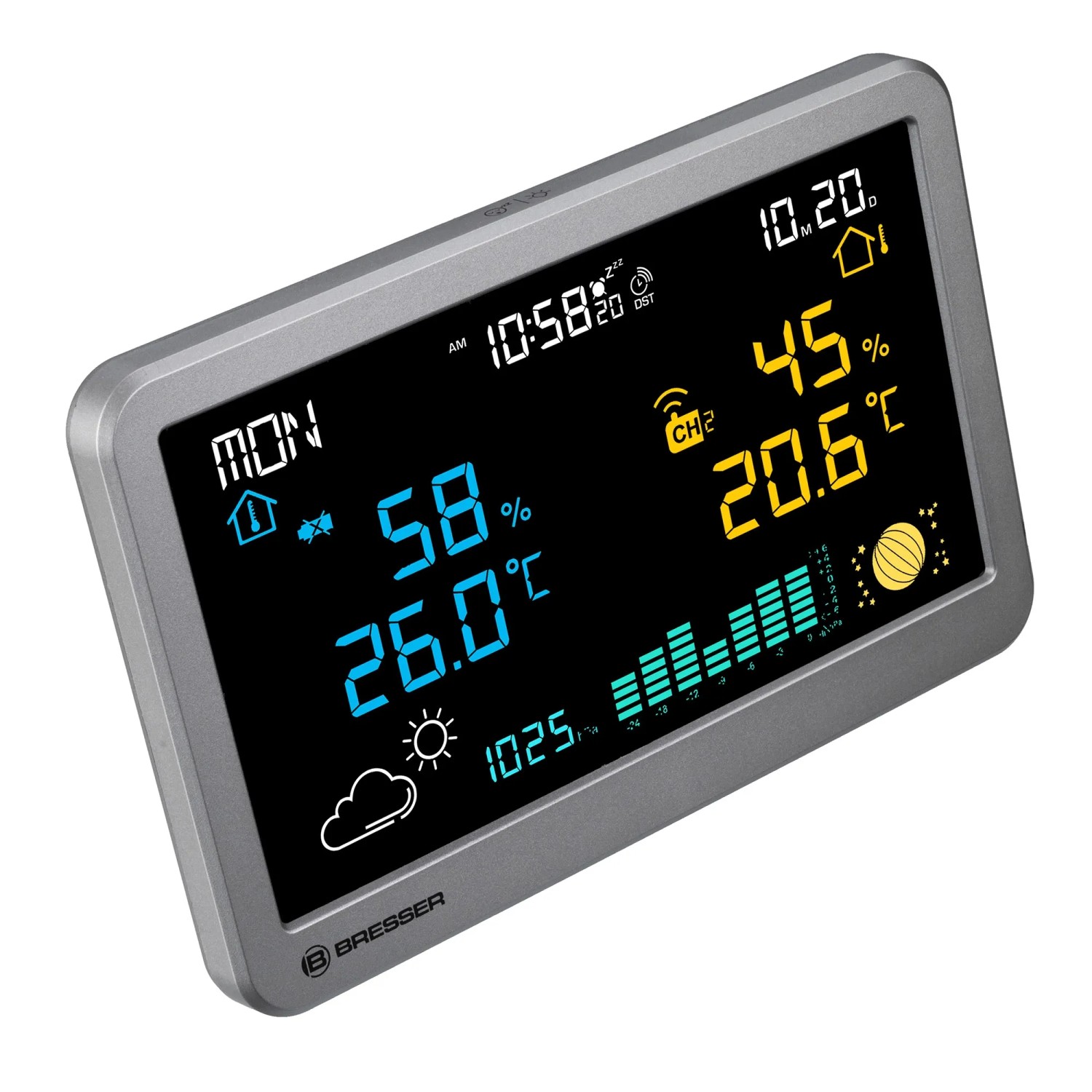 Bresser MeteoTemp TBH Funk-Wetterstation in Anthrazit mit digitaler Anzeige von Wetterdaten.