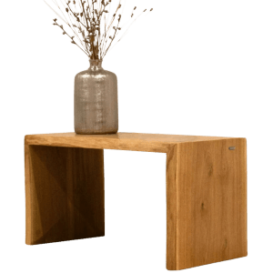 Holz4home Massivholz Hocker Bank aus Eiche mit Baumkante S, mit Vase und Dekoration.