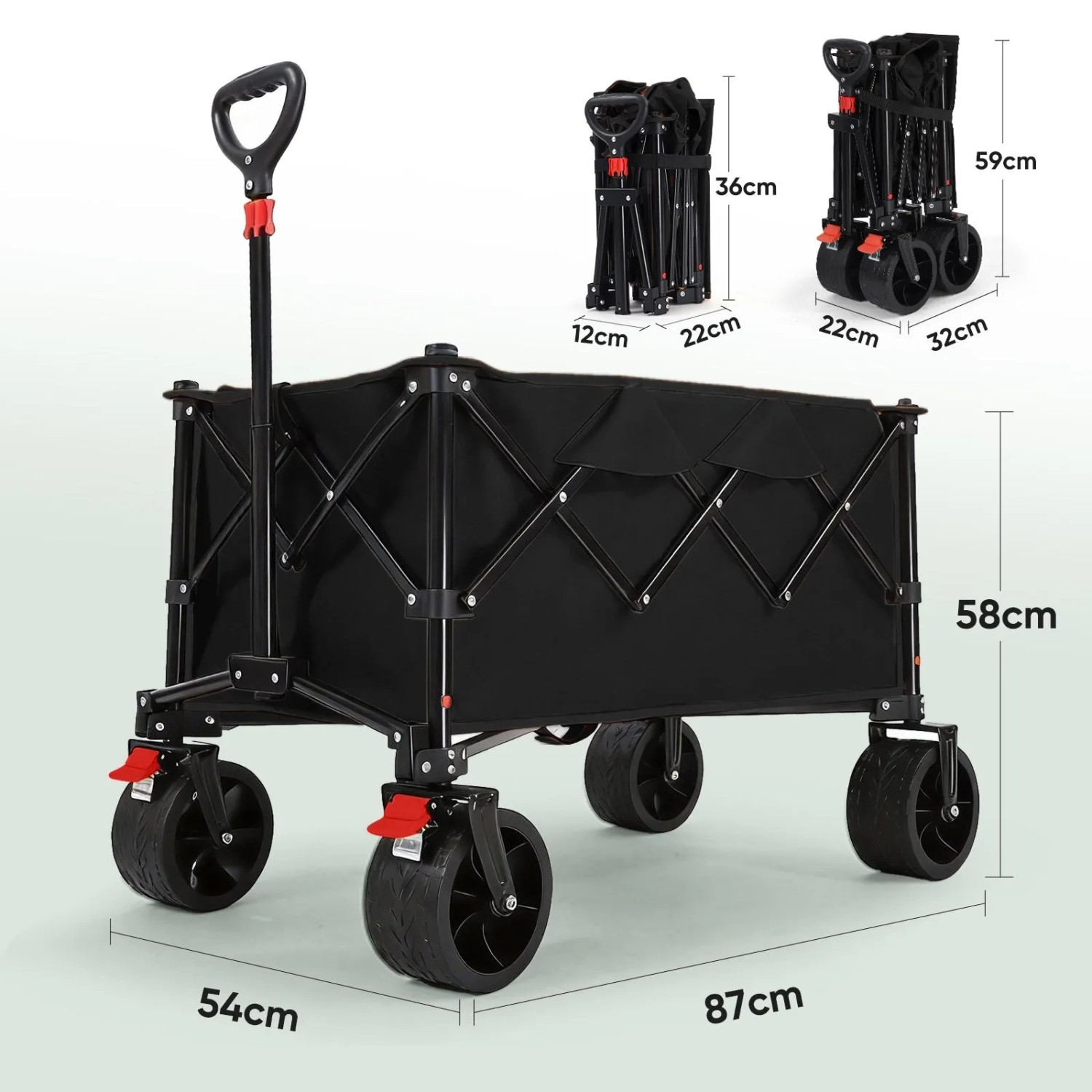 Sekey Campingwagen, faltbarer Bollerwagen mit breiten Reifen, 150 kg, 135 L, schwarz, offen und zusammengeklappt.