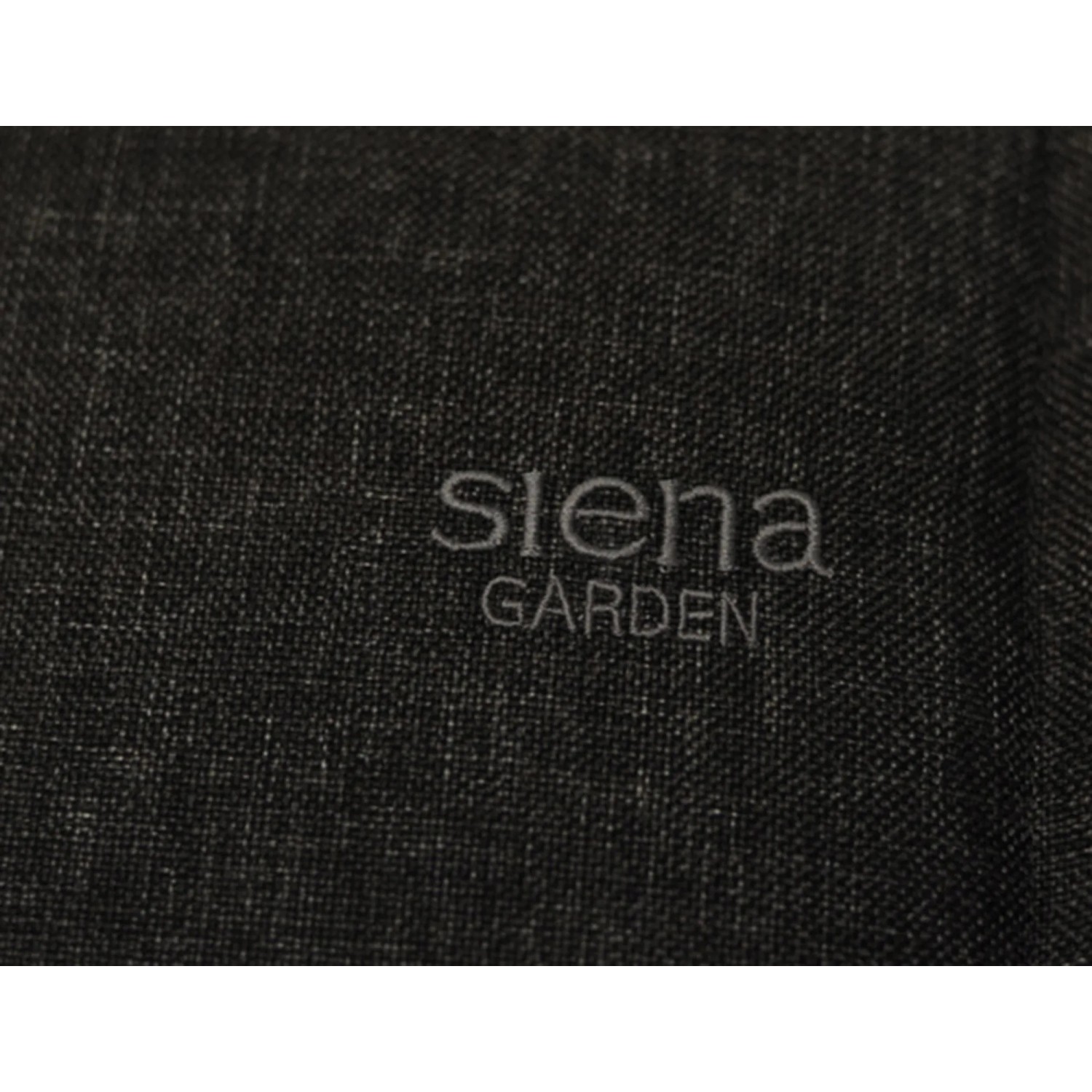 Detailaufnahme: Anthrazitfarbene Siena Garden Auflage Stella, Textilstruktur mit Logo.