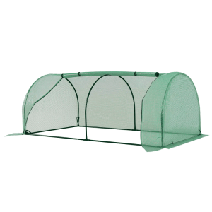 Grünes Outsunny Tunnel-Gewächshaus aus Stahl mit transparenter Folie und Rollfenster für Pflanzen.
