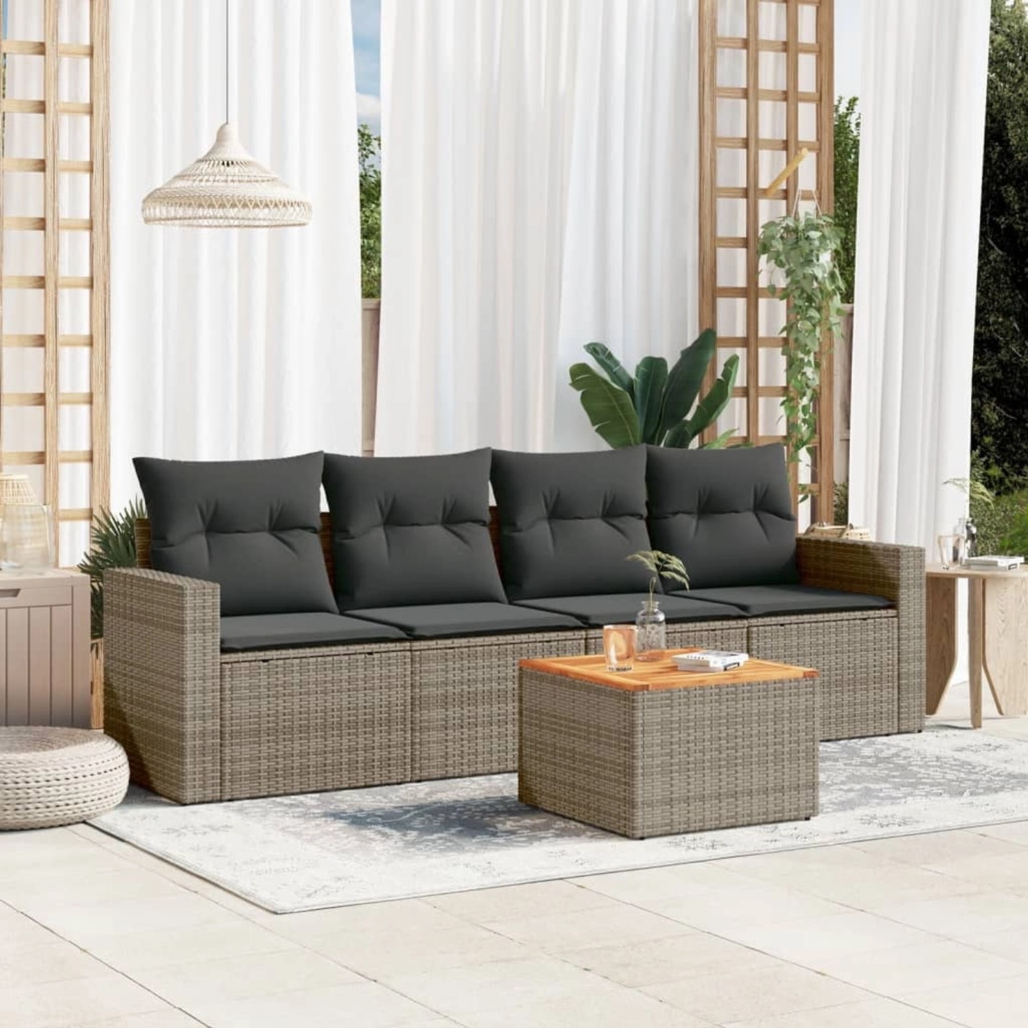 Graue 5-tlg. vidaXL Garten-Sofagarnitur aus Polyrattan mit Kissen und Akazientisch.