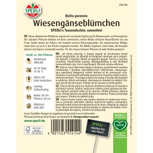 Samenpackung Wiesengänseblümchen 'Tausendschön' von Sperli. Weiße Blüten auf grünem Hintergrund.