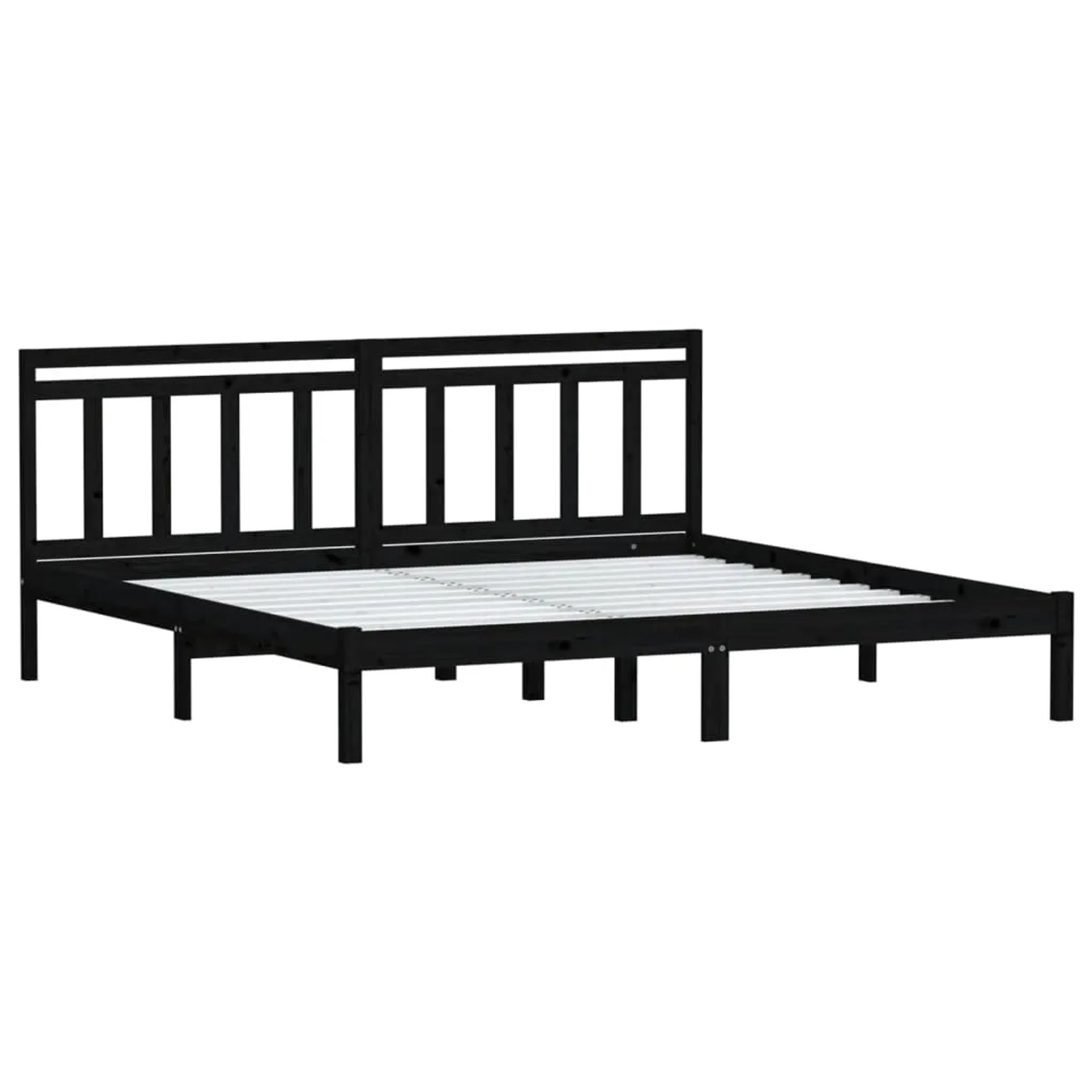 Schwarzes Massivholzbett 200x200 cm mit Lattenrost und Kopfteil.