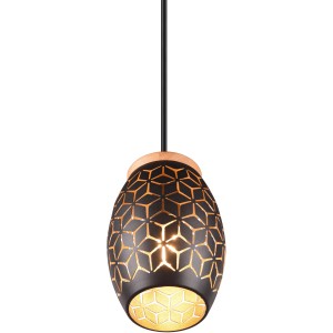 Schwarze Reality Pendelleuchte Bidar mit goldenem Muster und Holzelement.