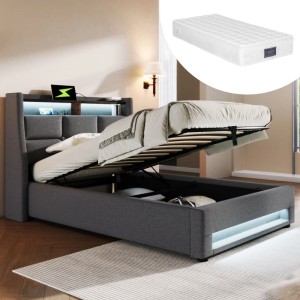 Graues Polsterbett mit Matratze, LED-Leiste, USB-Anschluss und Bettkasten, Liegefläche 90x200 cm.