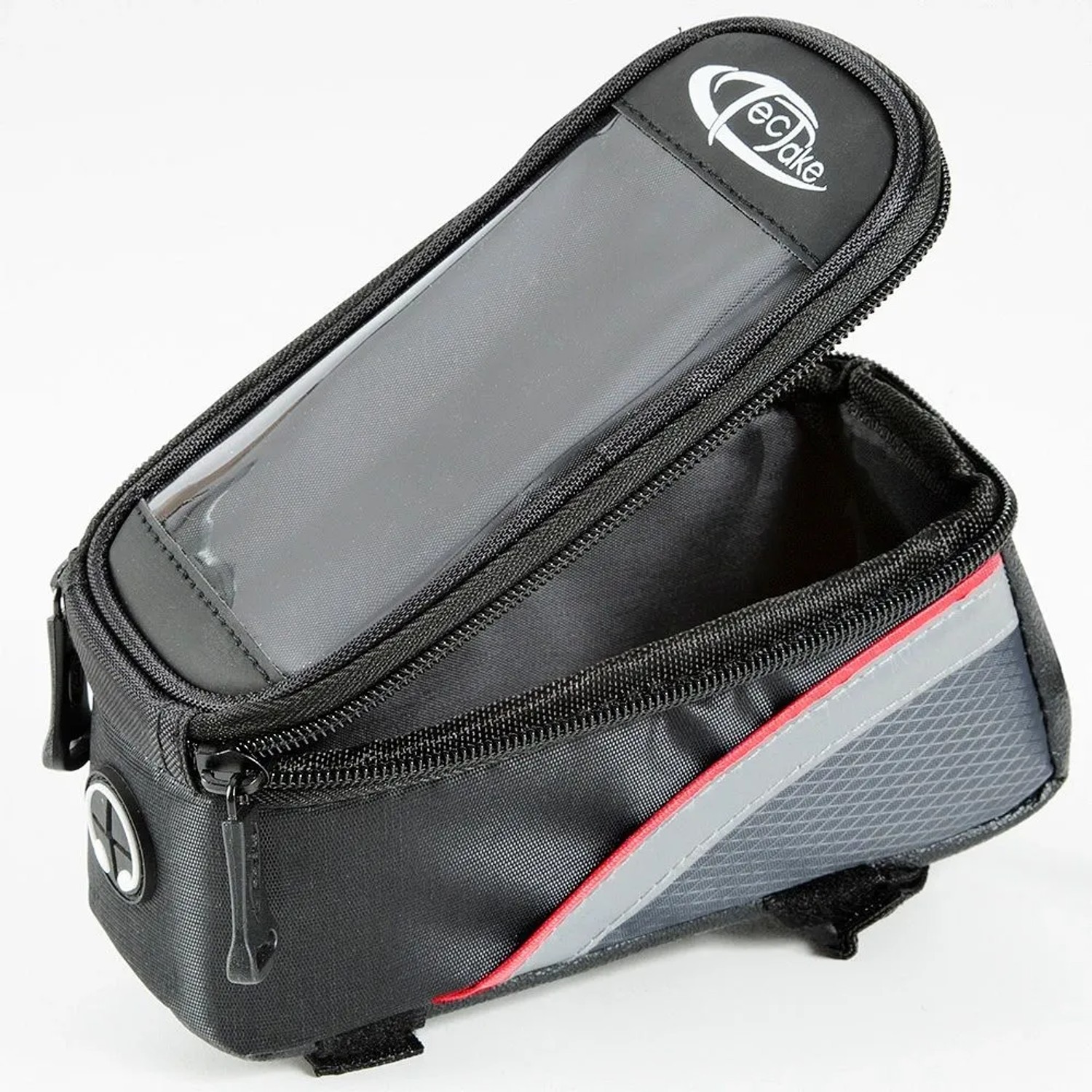 Tectake Fahrradtasche mit Rahmenbefestigung, wasserabweisend, schwarz, grau und rot.
