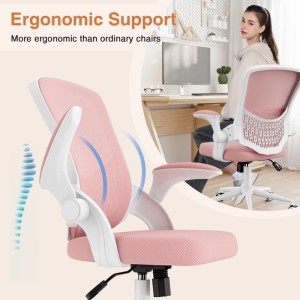 Rattantree Ergonomischer Bürostuhl mit Klapparmlehnen Mid Back Mesh Lendenstütze Höhenverstellbar und Aufbewahrungsfach Pink
