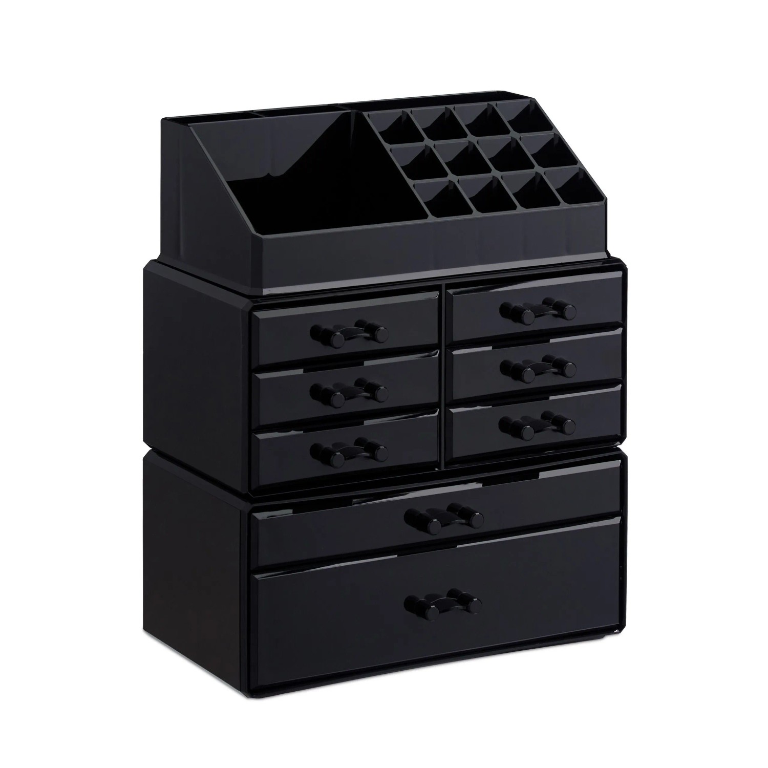 Relaxdays Make Up Organizer mit 8 Schubladen Acryl Schwarz Gold Stapelbar 30 cm x 24 cm x 14 cm 2,2 kg