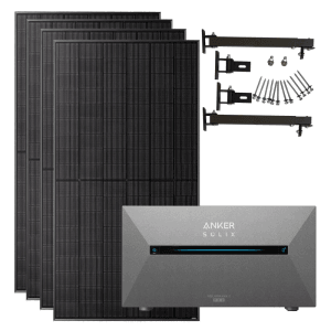 Anker Solix 2000W Balkonkraftwerk mit 4 Solarmodulen, Solarbank und Flachdachhalterung.