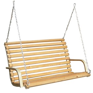 Braune AMANKA Hollywoodschaukel aus Lärchenholz mit Kettenaufhängung für Garten oder Terrasse.