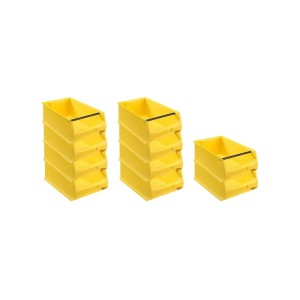 PROREGAL SparSet: 10 gelbe Sichtlagerboxen (21,8L) mit Griffstange, ideal für Aufbewahrungssysteme.