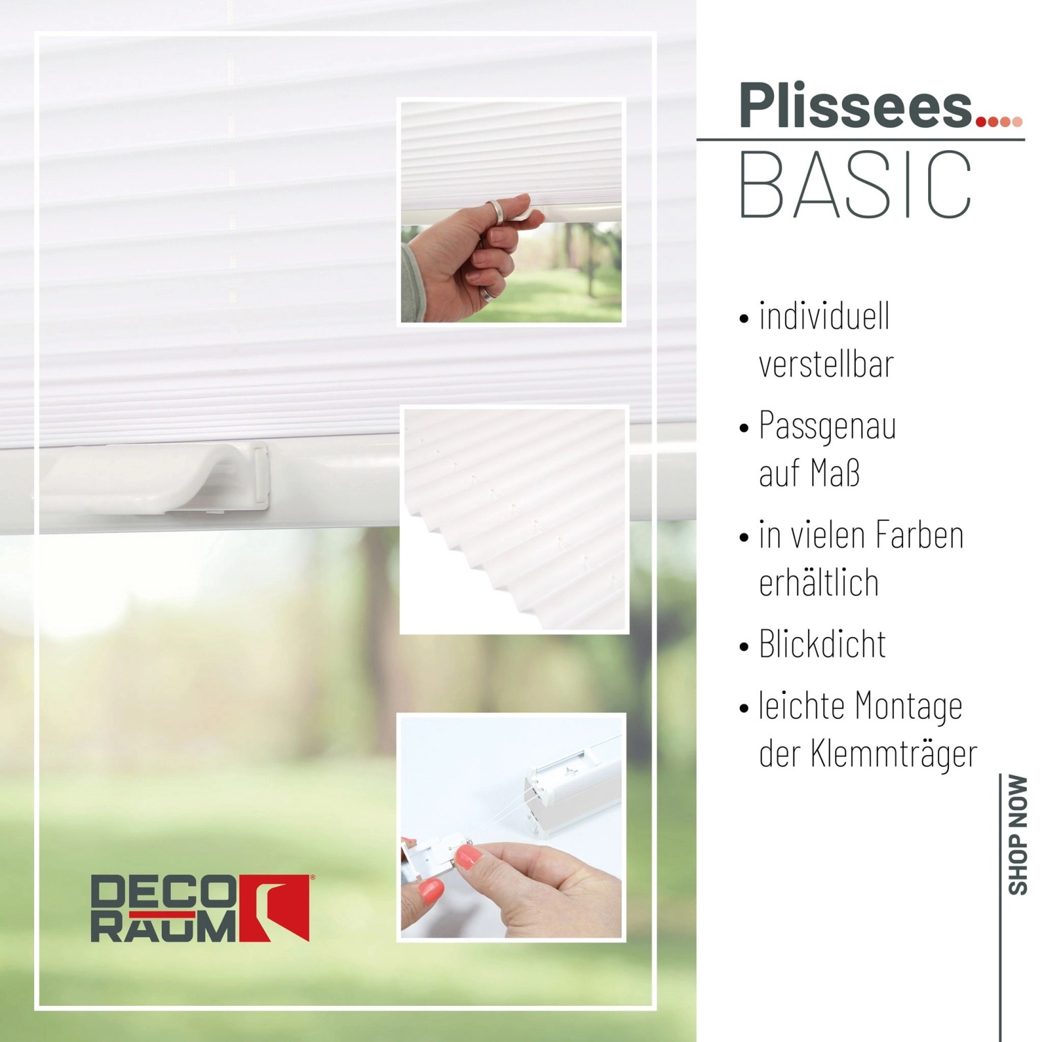 Weißes Deco-Raum Plissee Basic 45x150cm, blickdicht, ohne Bohren mit Klemmfix-System.