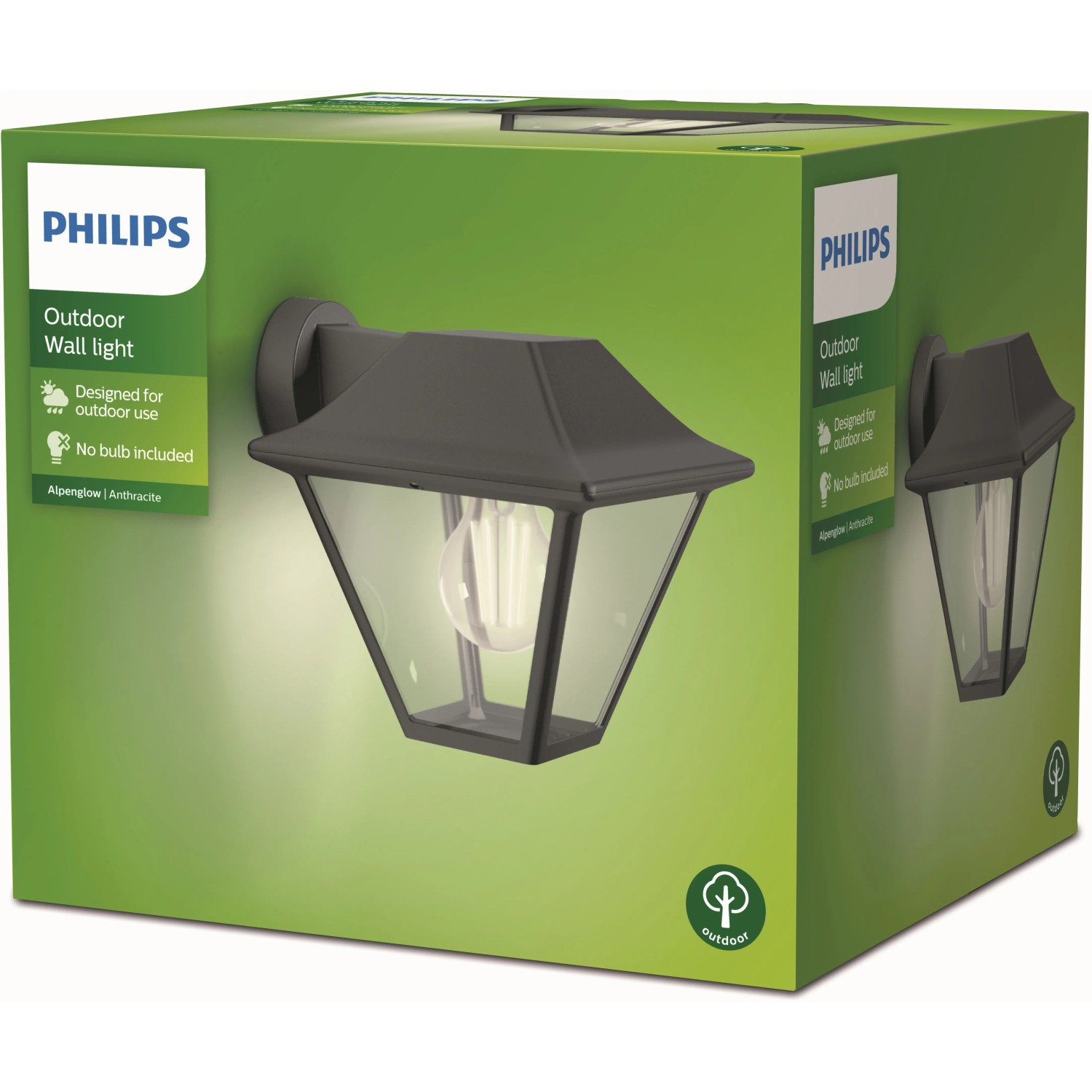 Verpackung der Philips Alpenglow Außenwandleuchte in Anthrazit, Vintage-Design.