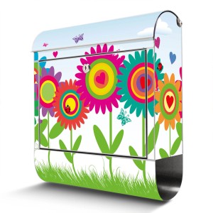 Banjado Edelstahl Briefkasten mit buntem Blumen Motiv und Zeitungsfach.