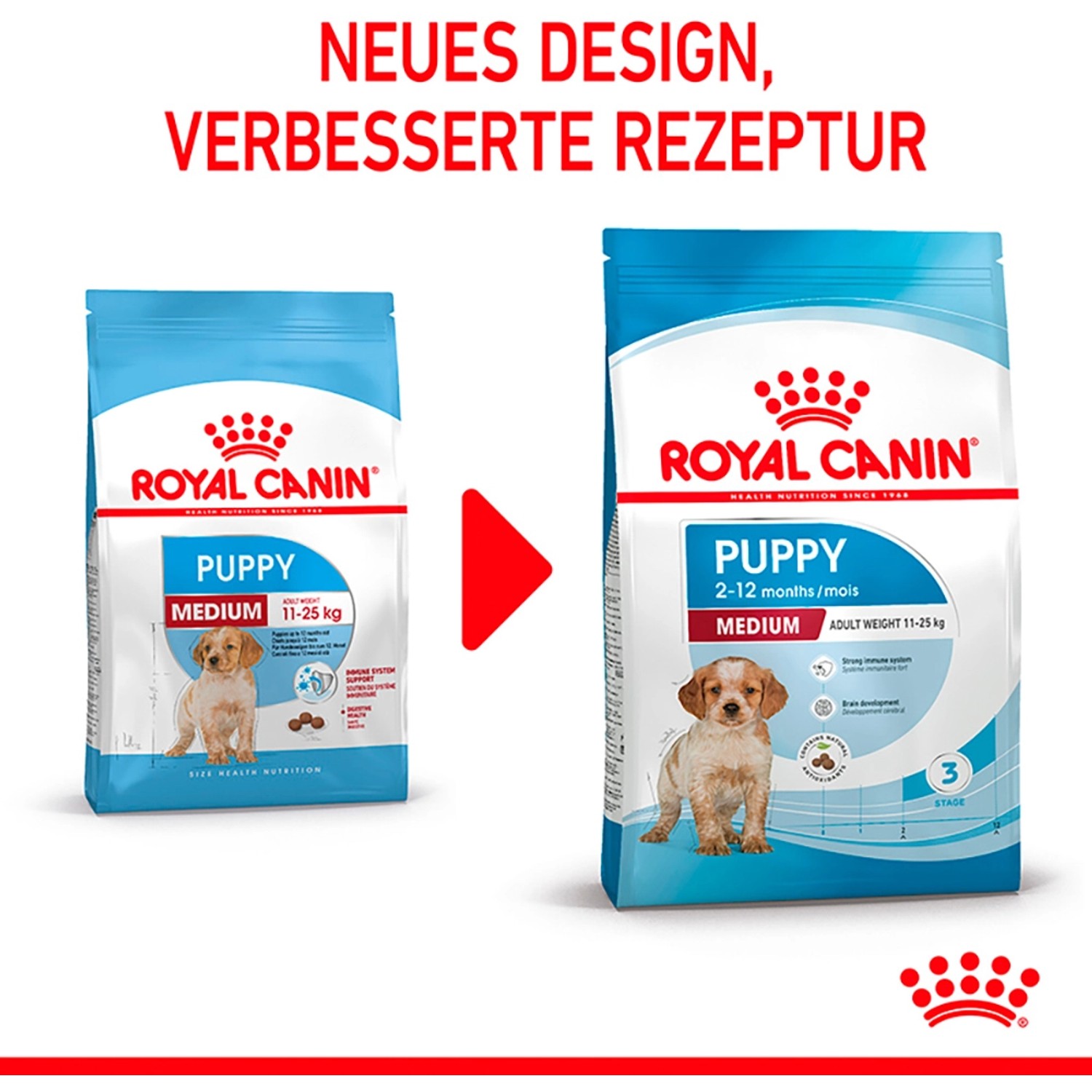 Royal Canin Medium Puppy Trockenfutter, 4kg Packung für Welpen mittelgroßer Rassen.