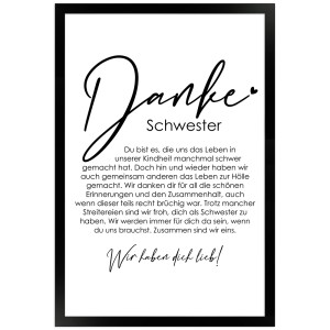 Gerahmtes Poster "Danke Schwester" 30x45cm, Geschenkidee mit liebevollen Sprüchen im schwarzen Rahmen.