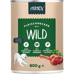 Primox Fleischmecker Wild, 800g Dose Hunde-Nassfutter mit Wildfleisch und Innereien.
