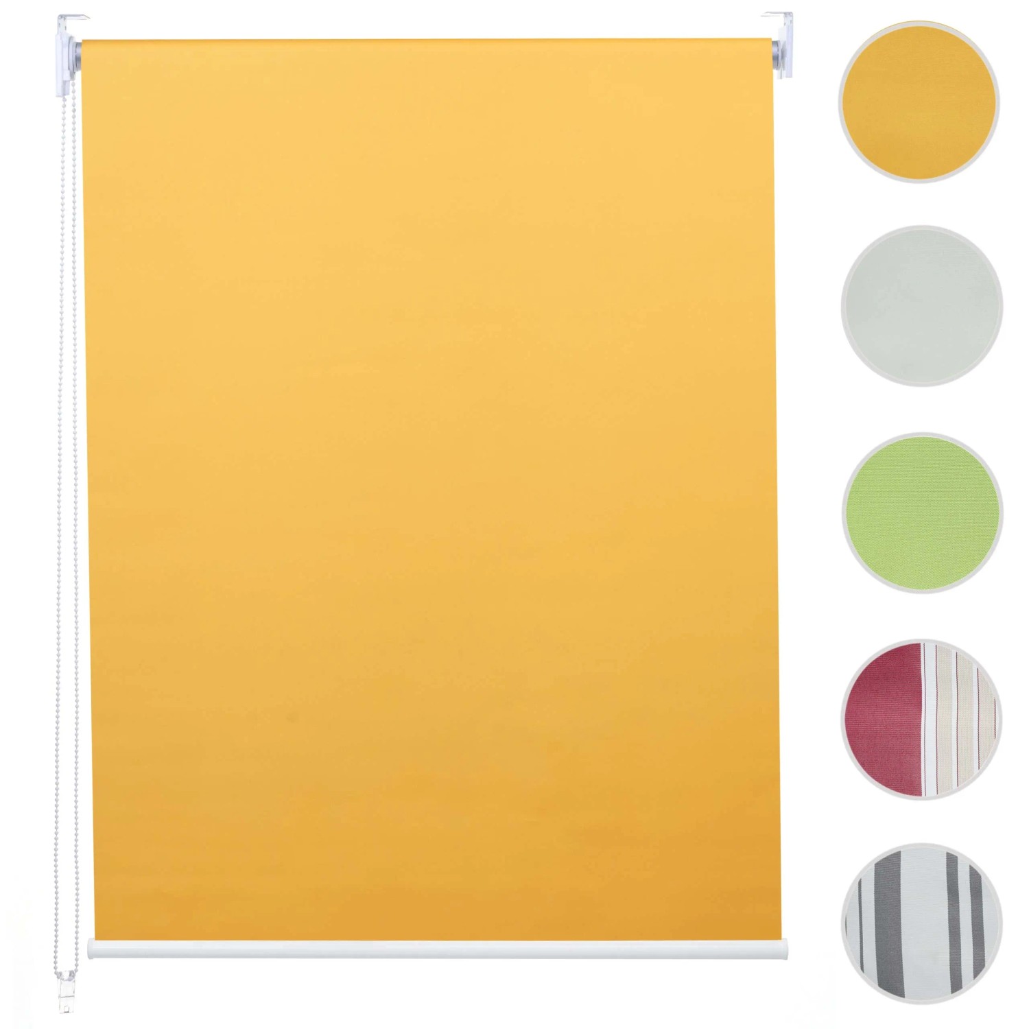Gelbes Rollo 110x160cm mit Kettenzug, geeignet zur Wand- oder Deckenmontage.
