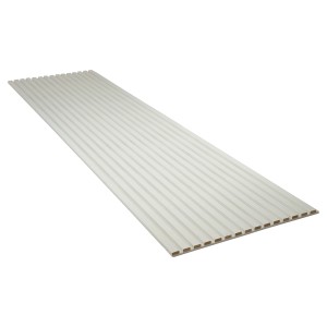 Weißes Akustikpaneel mit filzbeschichteten MDF-Leisten zur Wandverkleidung, 240 cm lang.