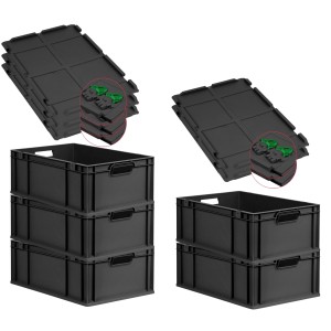 PROREGAL SuperSparSet: 5 schwarze Euroboxen mit Deckel und grünen Verschlüssen, 40x60cm. Ideal zur Aufbewahrung.