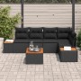 Schwarzes 6-teiliges Garten-Sofa-Set aus Polyrattan mit Kissen und Tisch.