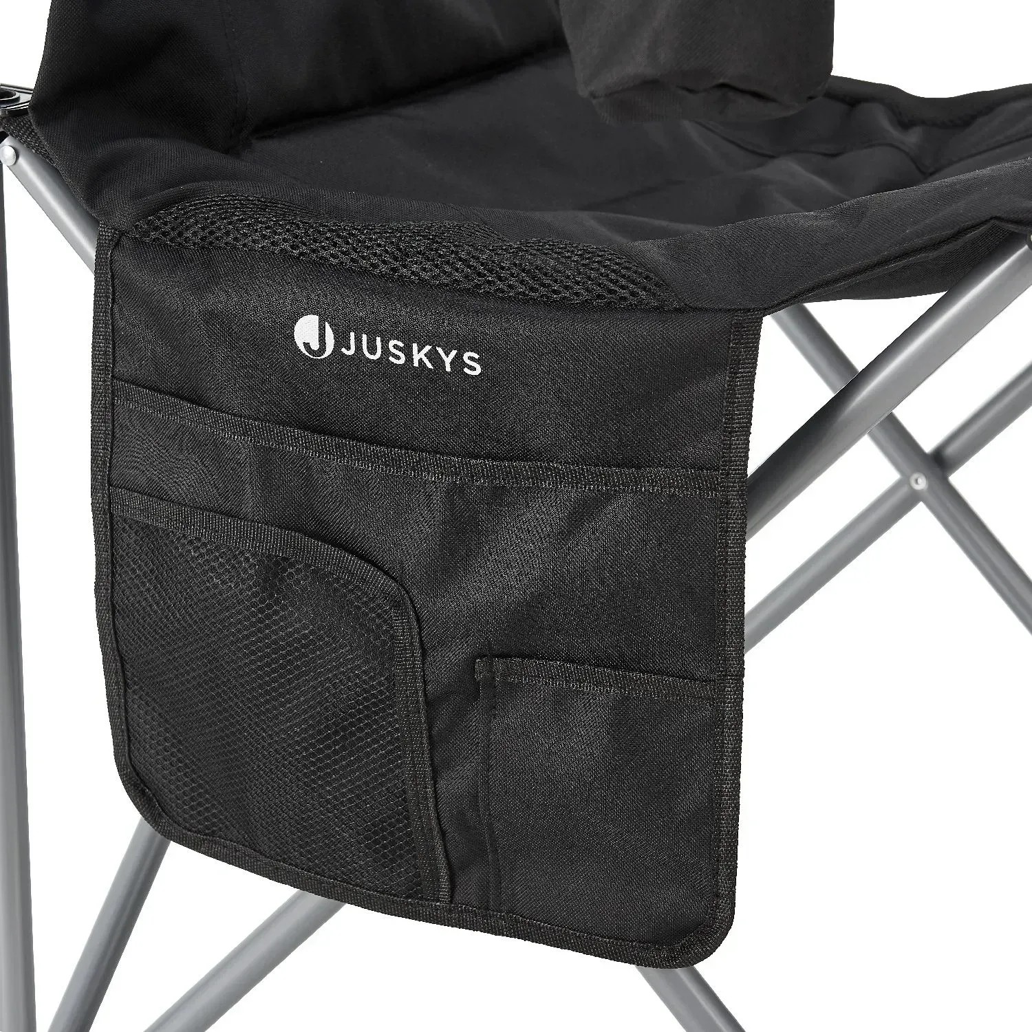 Detailaufnahme: Schwarzer Juskys Campingstuhl Lido mit Seitentasche und Getränkehalter.