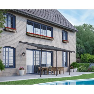 Canopia Terrassenüberdachung Capri, 425x300 cm, anthrazitgrau, mit Tisch und Stühlen auf Terrasse.