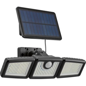 Solar-LED-Außenstrahler mit Bewegungssensor, 7W, 800lm, mit Solarpanel und drei Leuchten.