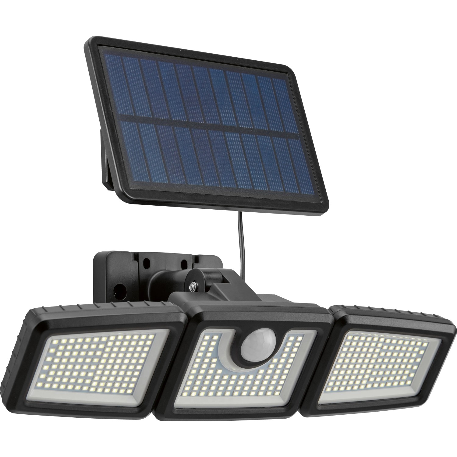 Solar-LED-Außenstrahler mit Bewegungssensor, 7W, 800lm, mit Solarpanel und drei Leuchten.